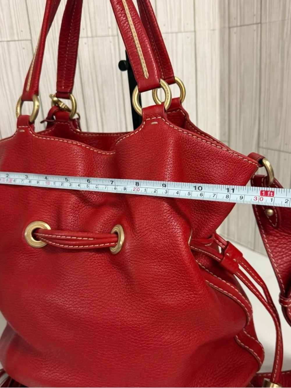 Lancel Red Pebbled Leather Shoulder Bag with Tassel Details